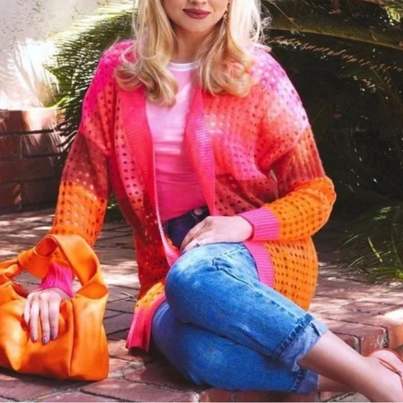 Brodi Cashmere XS‎ Sunset Pointelle Open Knit Stripe Cardigan Lightweight Pink